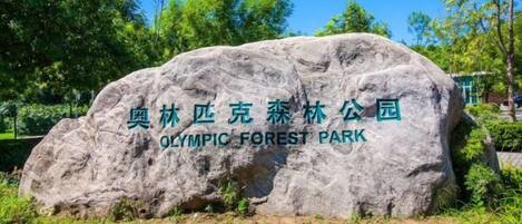A large rock with text indicating it is the Olympic Forest Park.
