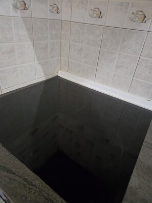 Een douche, een haardroger, handdoeken, zeep