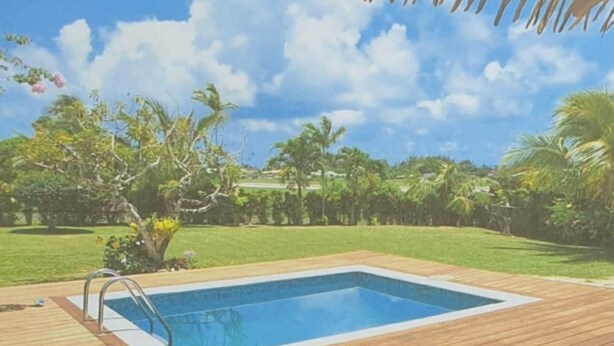 A rectangular swimming pool with a wooden deck, surrounded by lush greenery and palm trees under a clear sky.