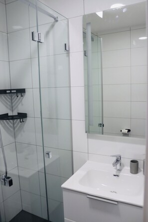 Hair dryer, towels, soap, toilet paper