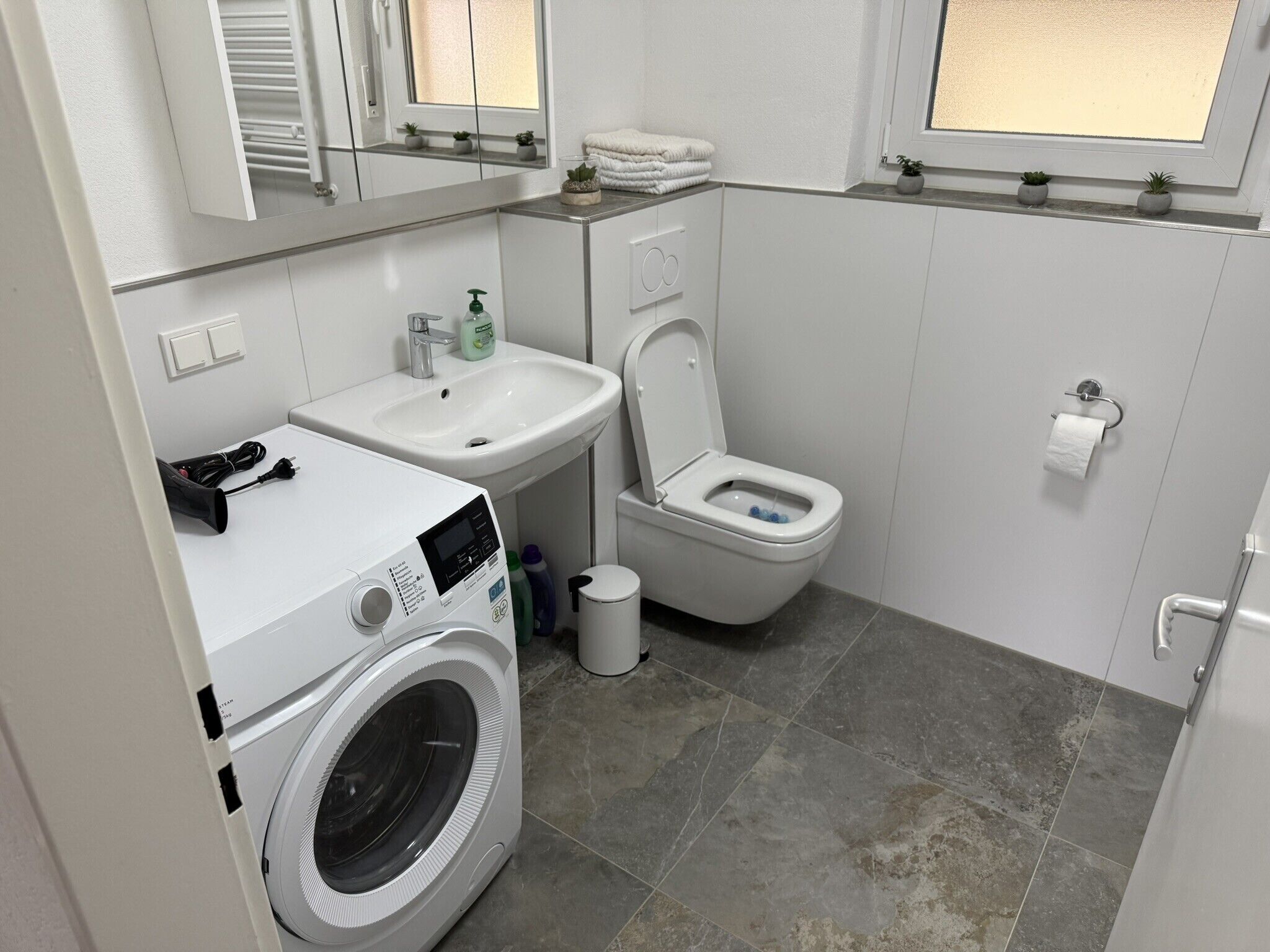 Un baño pequeño con lavadora, lavamanos e inodoro.