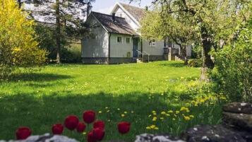 Uma casa com telhado inclinado, cercada por um gramado e árvores.