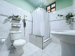 Shower, towels, soap, shampoo