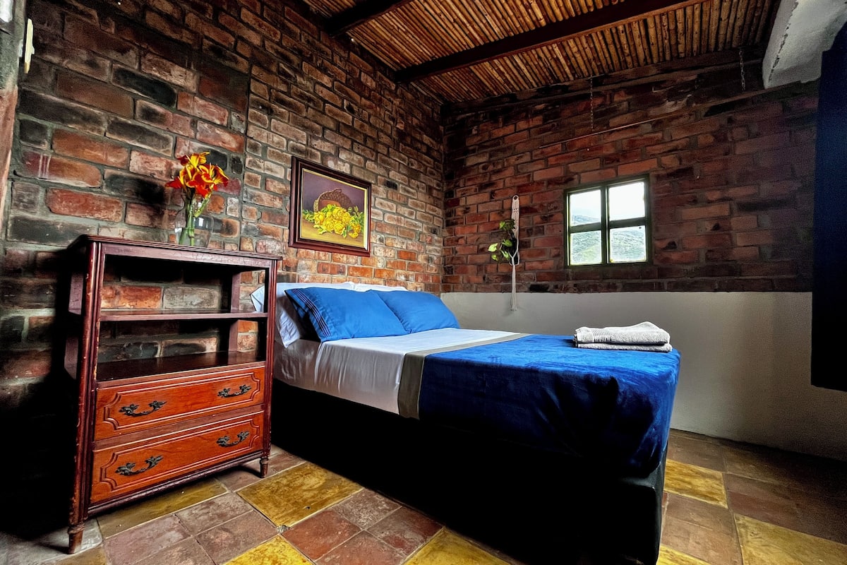 Una habitación con pared de ladrillo, cómoda de madera, cama con ropa de cama azul y una ventana.