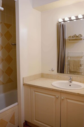Une salle de bain avec un lavabo, un miroir et une douche.