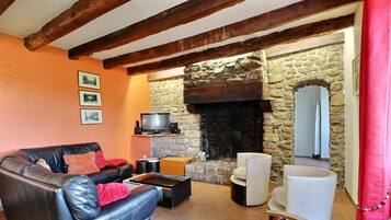 TV, peis, bøker og stereoanlegg