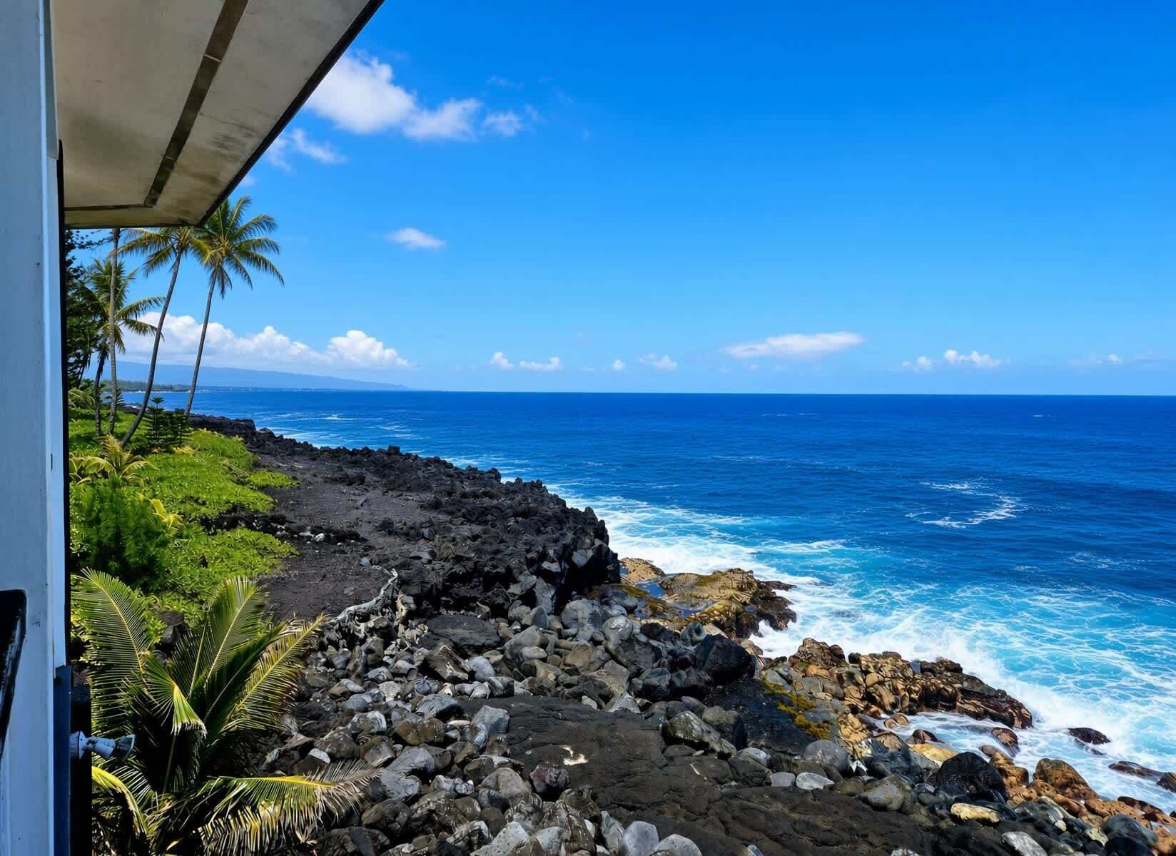 Une vue d’une côte rocheuse où les vagues s’écrasent sur le rivage, avec des palmiers et un ciel bleu dégagé.