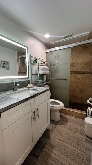 Chuveiro, secador de cabelo, bidê, toalhas de banho