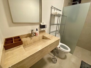 Hair dryer, towels, soap, toilet paper