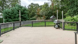 A wooden deck with a metal railing, surrounded by greenery and a small wooden structure.