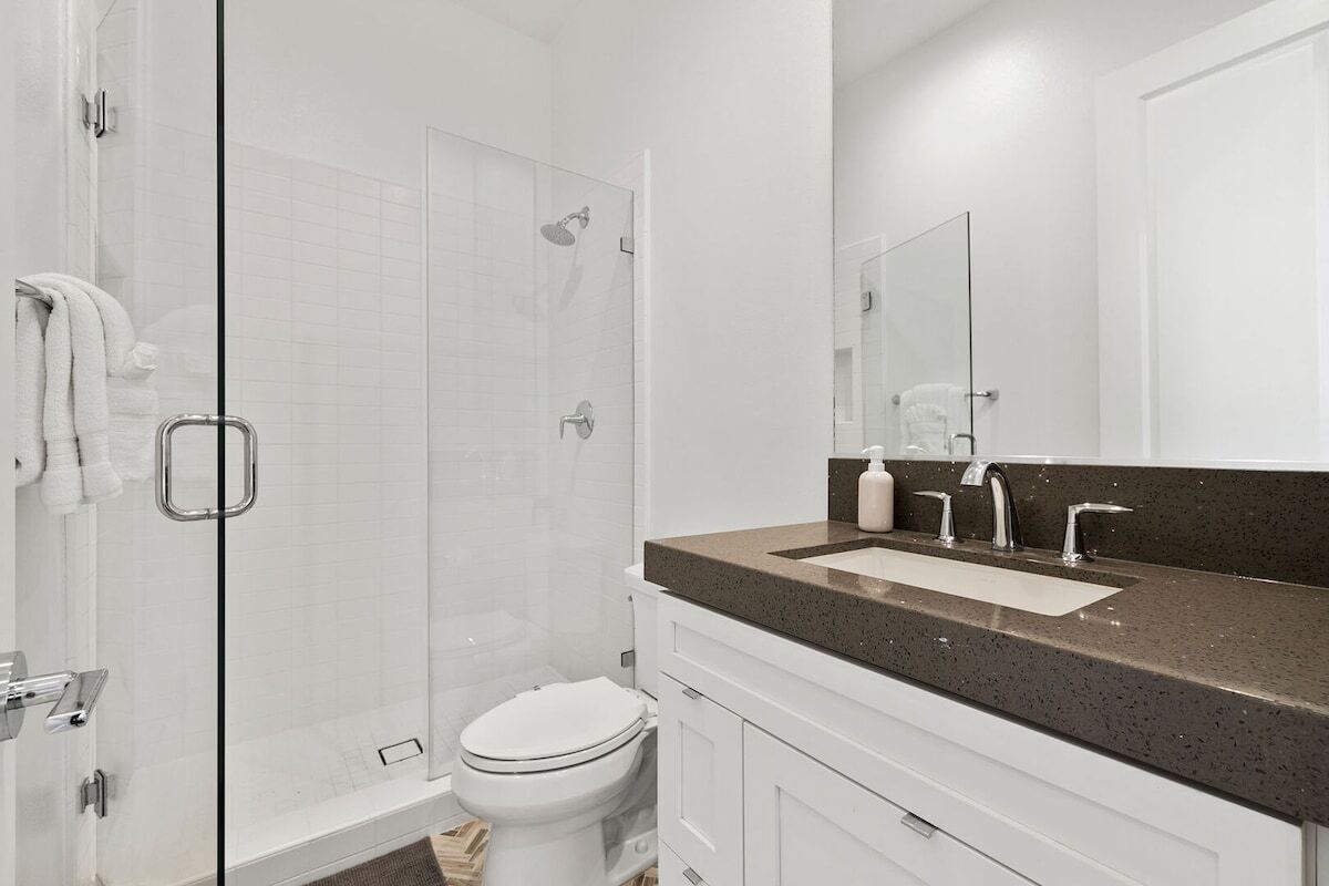 A bathroom with a glass-enclosed shower, a white toilet, and a vanity with a sink and mirror.
