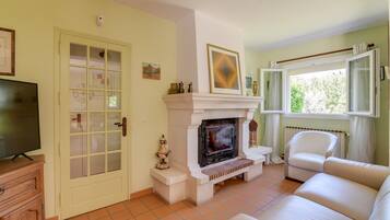 Télévision, cheminée, table de tennis de table