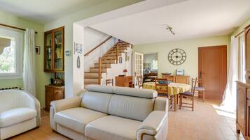 Télévision, cheminée, table de tennis de table