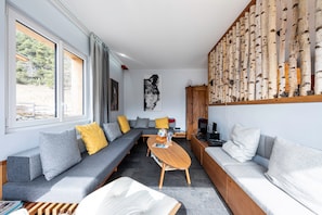 A modern living room with a sofa, a coffee table, and a fireplace. - Chalet "Près du Mélèze": Mountain View, Shared Garden & Wi-Fi (Val-Cenis)