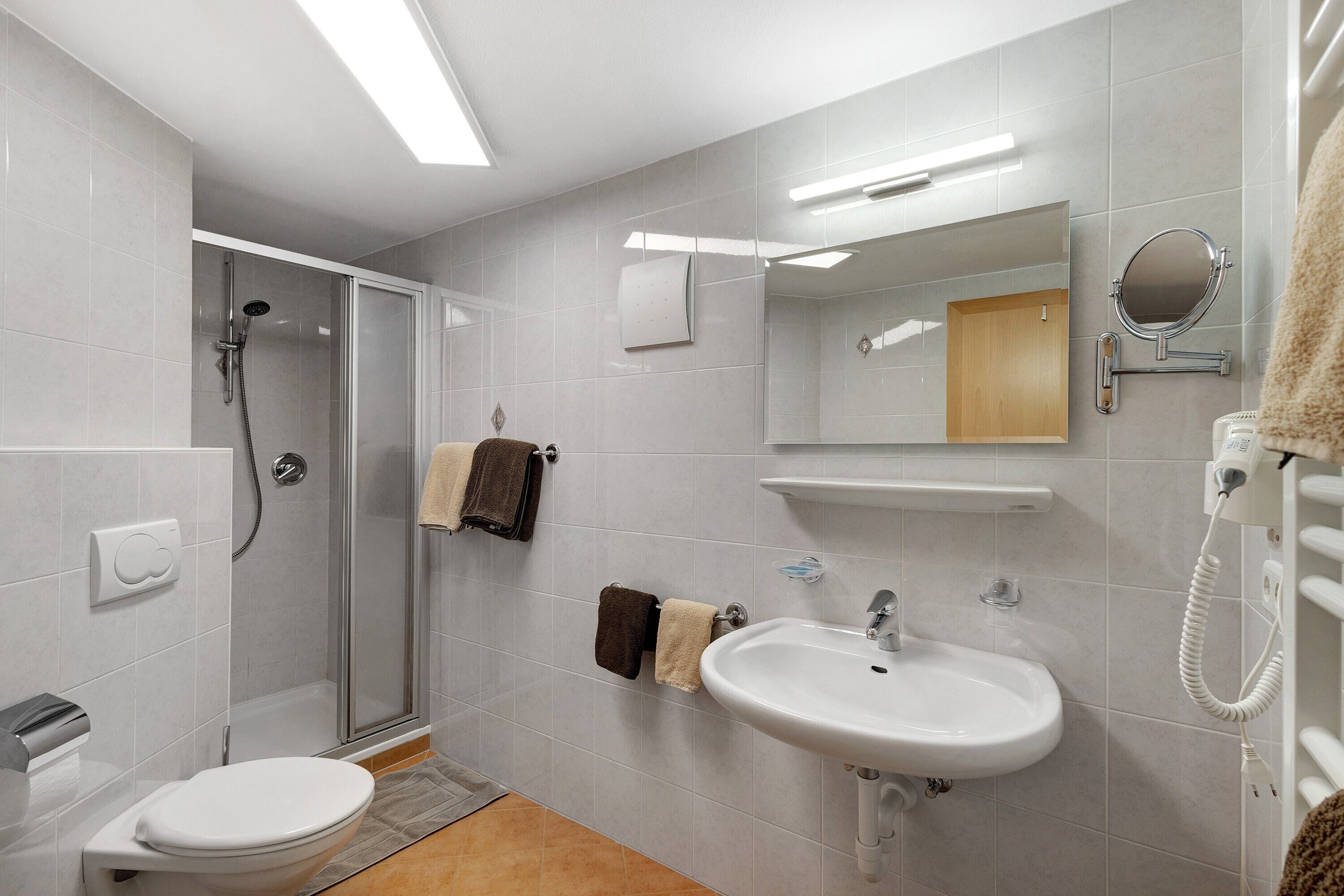 Shower, hair dryer, towels