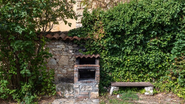 Une structure extérieure en pierre, dotée d’une cheminée, entourée de verdure et d’un mur de pierre.