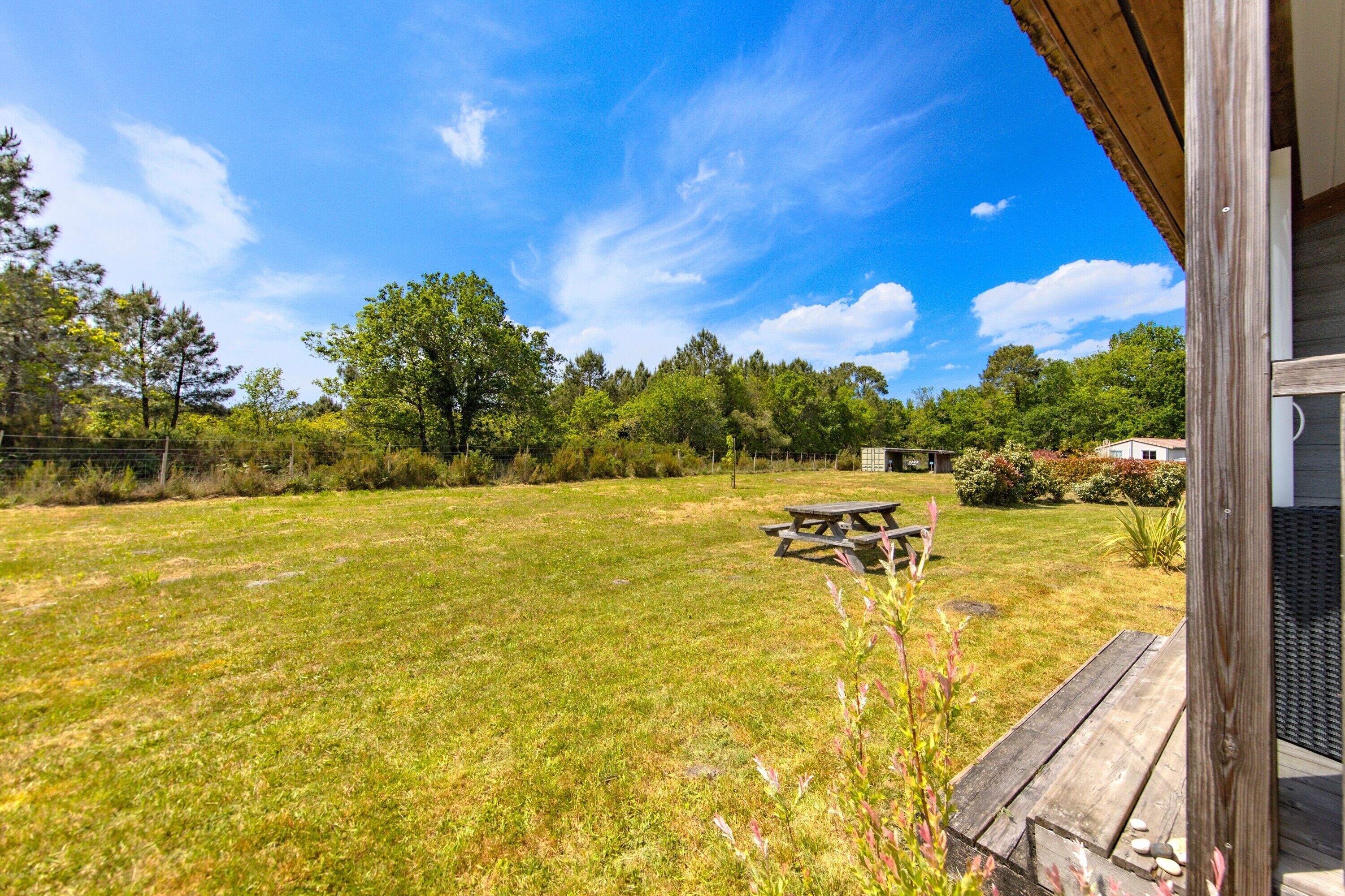 En grönskande trädgård med en träaltan, ett picknickbord och ett hus i bakgrunden.