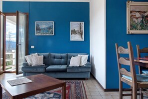 Una sala de estar con un sofá azul, una mesa de centro de madera y una alfombra estampada.