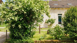 A house with a garden, a tree with white flowers, and a metal structure.