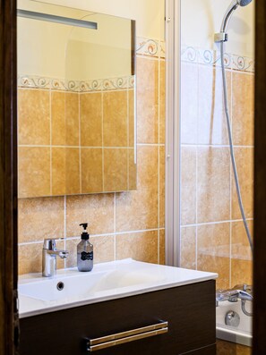 Shower, hair dryer, towels
