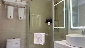 A modern bathroom with a glass-enclosed shower, a white toilet, and a sink with a mirror.