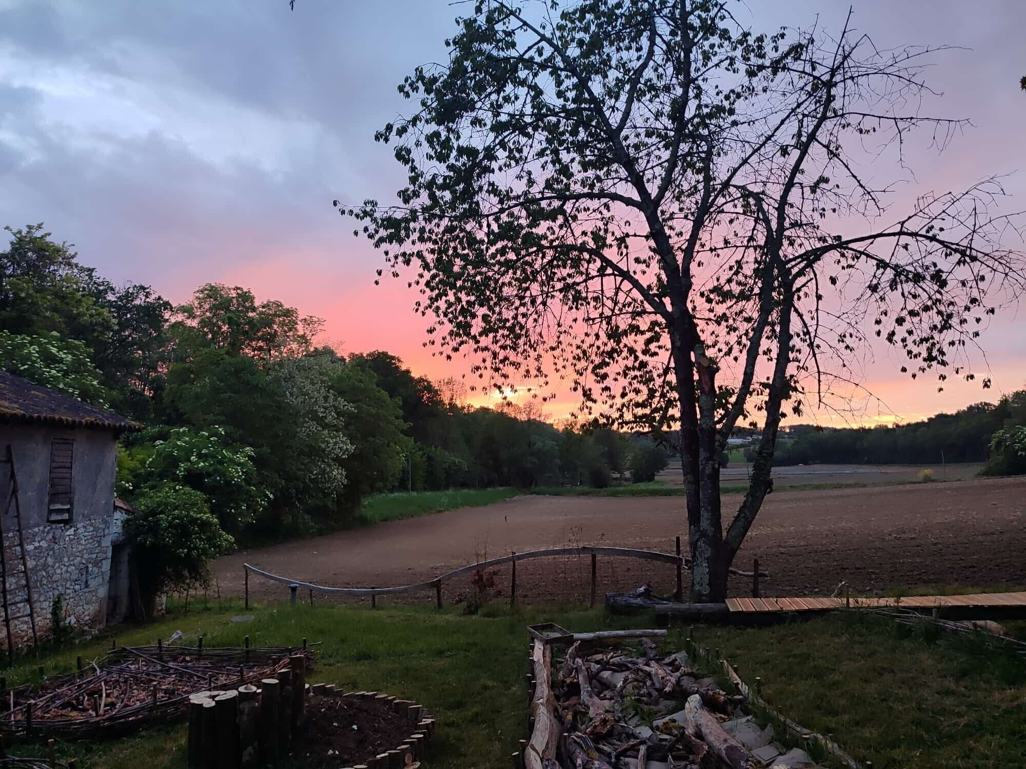 A rural landscape with a sunset, a tree, and a stone building.