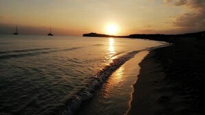 Una playa con aguas tranquilas, una orilla visible y barcos a lo lejos.