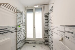 Shower, hair dryer, towels