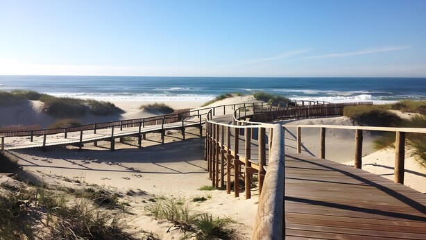 A wooden boardwalk leading to a sandy beach with dunes and the ocean in the background.