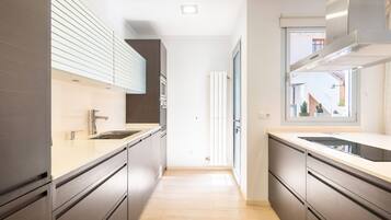 Frigorífico, microondas, horno y placa de cocina