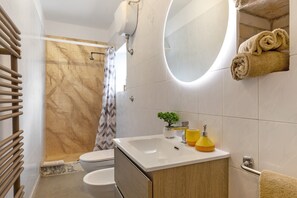 Shower, hair dryer, towels