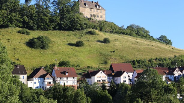 Eine Burg auf einem Hügel, erbaut im traditionellen europäischen Baustil, umgeben von einer Wohngegend mit Häusern und Giebeldächern.