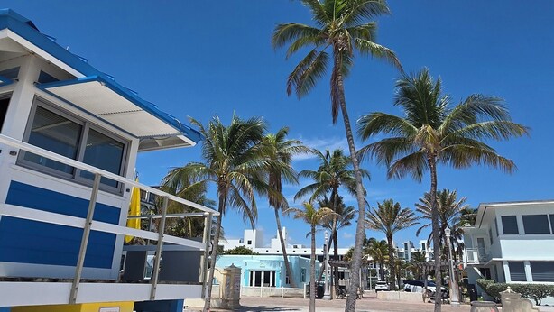 A beachside building with a blue and white exterior, palm trees, and a sandy foreground.