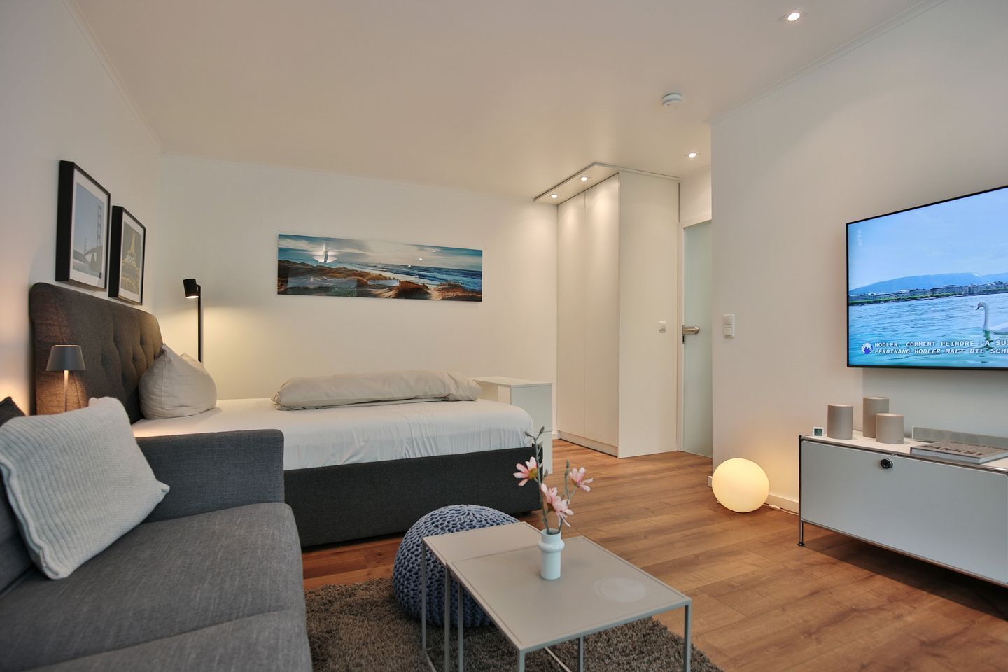 Un salon moderne et bien éclairé, avec un canapé, un lit, un téléviseur et un tableau accroché au mur.