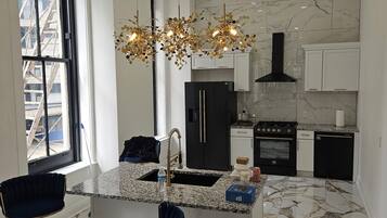 Fridge, microwave, oven, stovetop