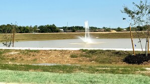 A body of water with a fountain in the center, surrounded by grassy areas and a clear sky. - Master Bedroom with Private Bathroom (Houston)