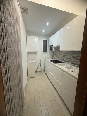Fridge, microwave, oven, cookware/dishes/utensils