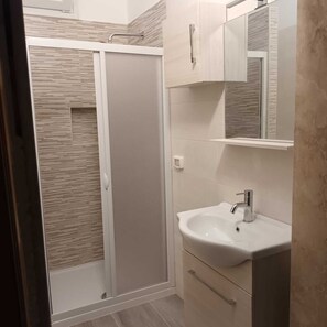 Une salle de bain moderne avec une douche à parois de verre, un lavabo blanc et un miroir au-dessus du lavabo.