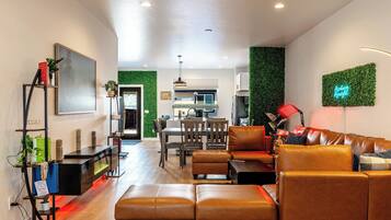 TV, fireplace, video games, DVD player