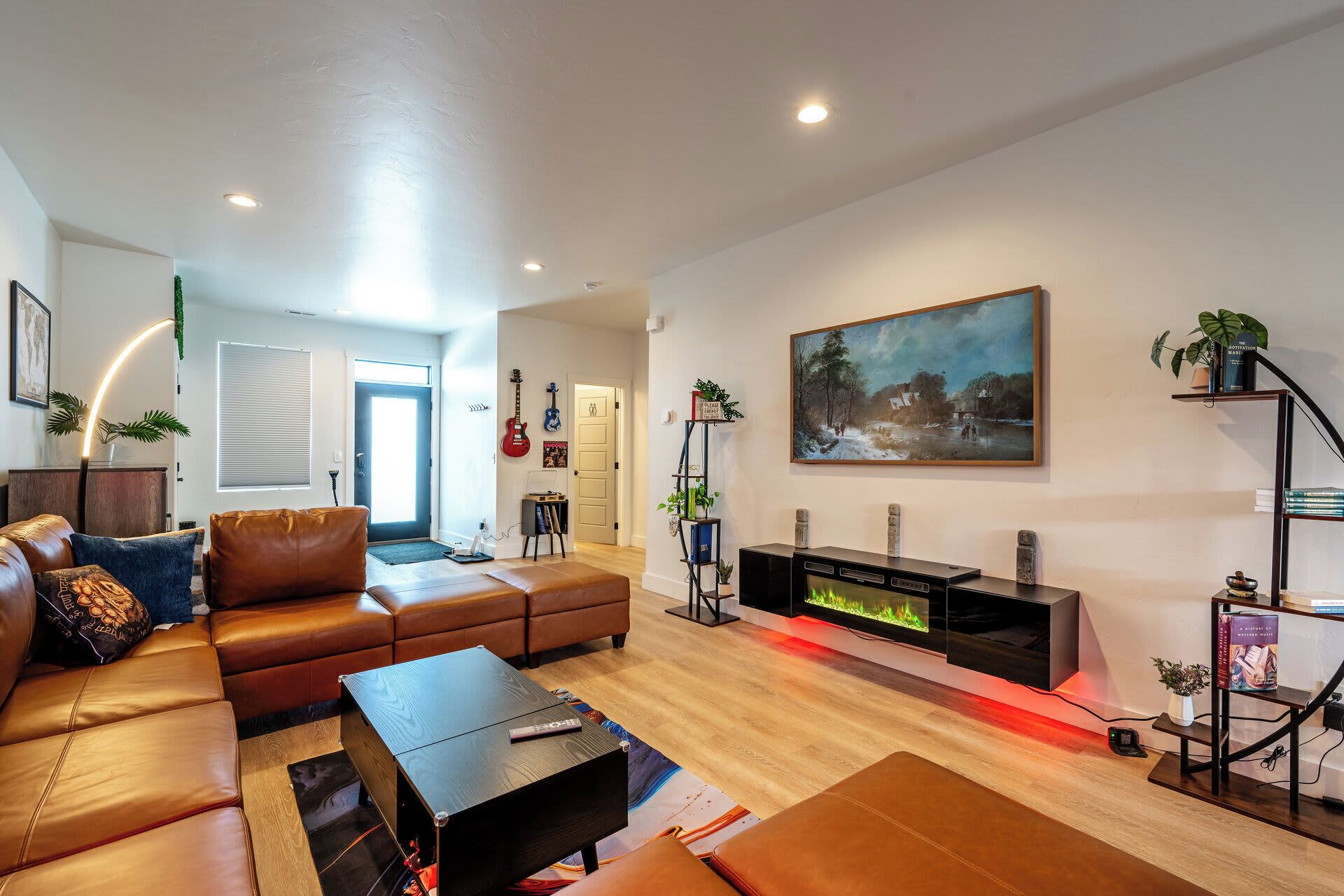 TV, fireplace, video games, DVD player