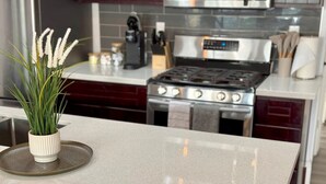 A kitchen with a granite countertop, stainless steel appliances, and a potted plant. - 2 BD/2 BA in Historic Downtown Sacramento -Beautiful Backyard, Centrally Located (Sacramento)