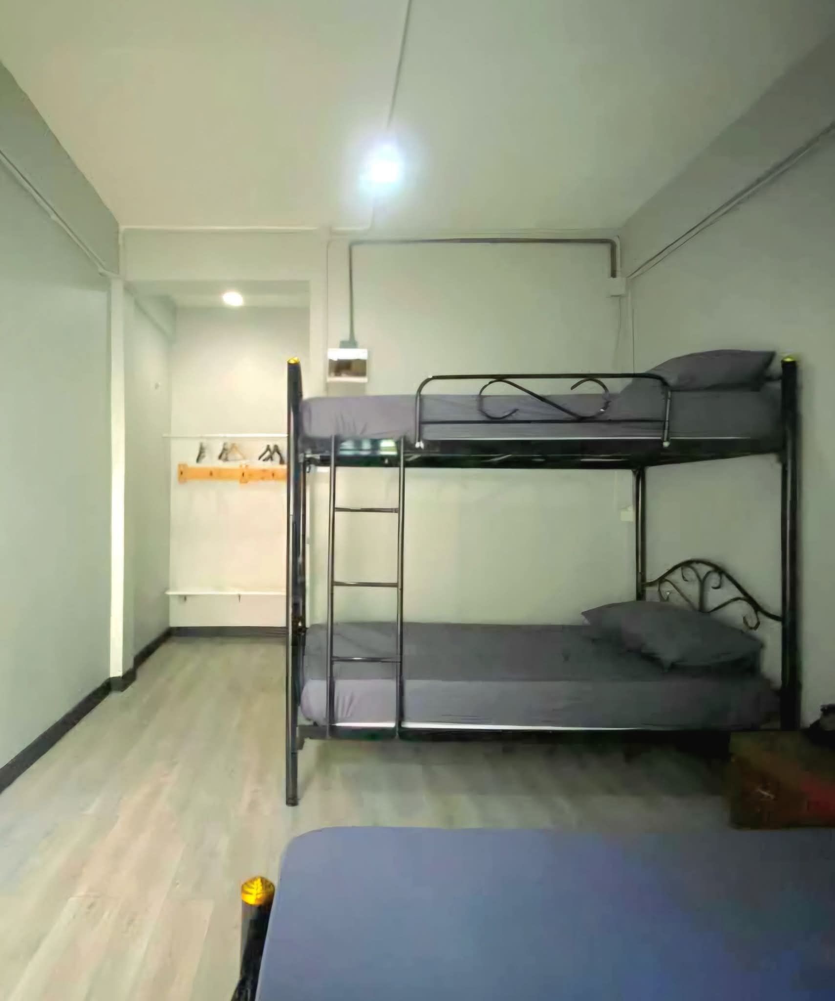 A bunk bed room with a ladder, a desk, and a chair.