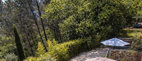 Una terraza de madera con una mesa y sillas, rodeada de plantas en macetas y un área de estar cubierta.