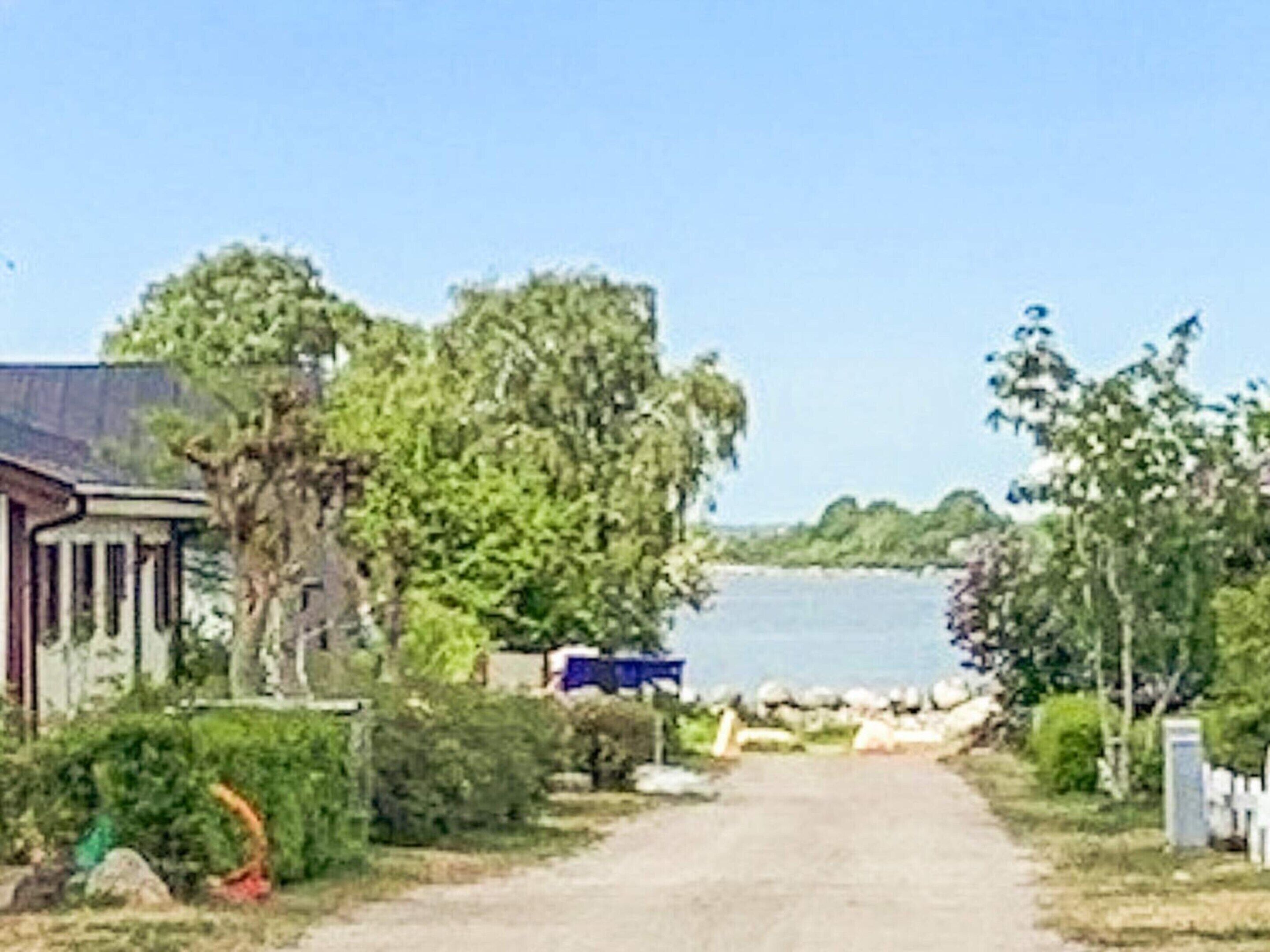 A residential area with a house, a pathway leading to a body of water, and surrounding greenery.