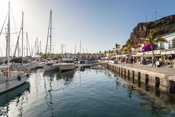 A marina with multiple boats docked, a pier with people walking, and buildings with shops and restaurants.