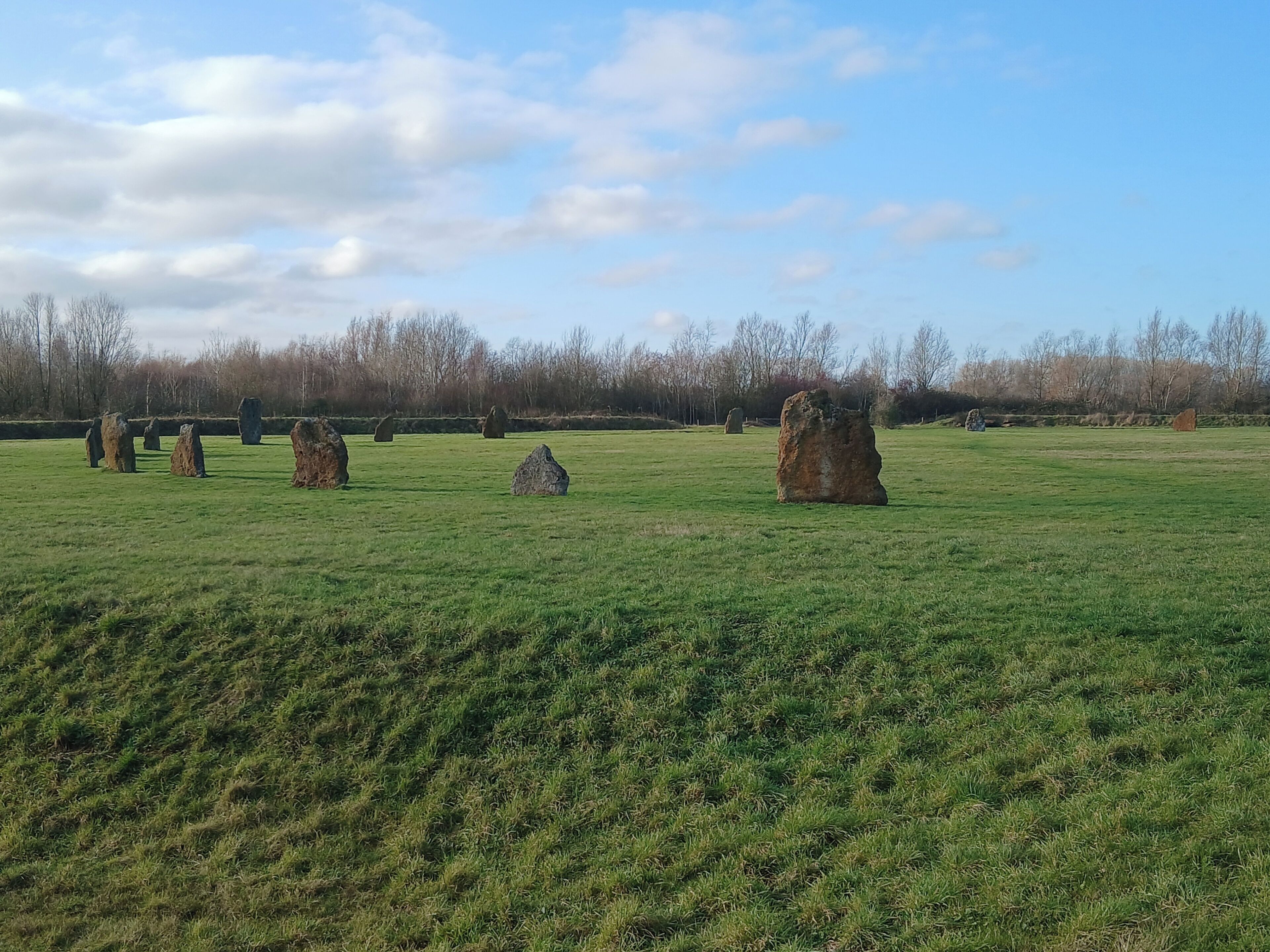 Un campo cubierto de hierba con varias piedras grandes y verticales.
