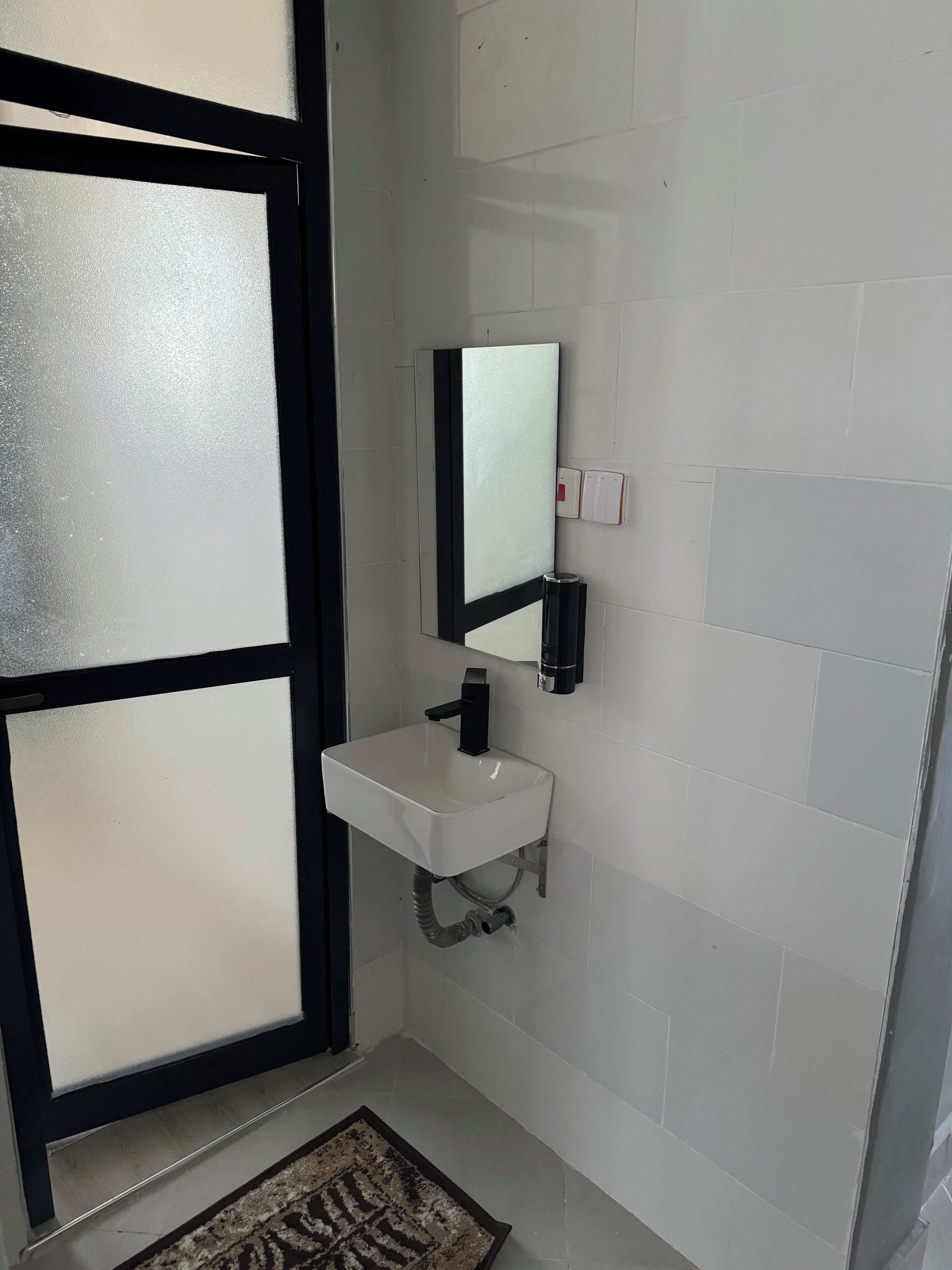 Un baño con un lavamanos blanco, un grifo negro y un espejo encima. Hay un perchero en la pared y una alfombra estampada en el suelo.