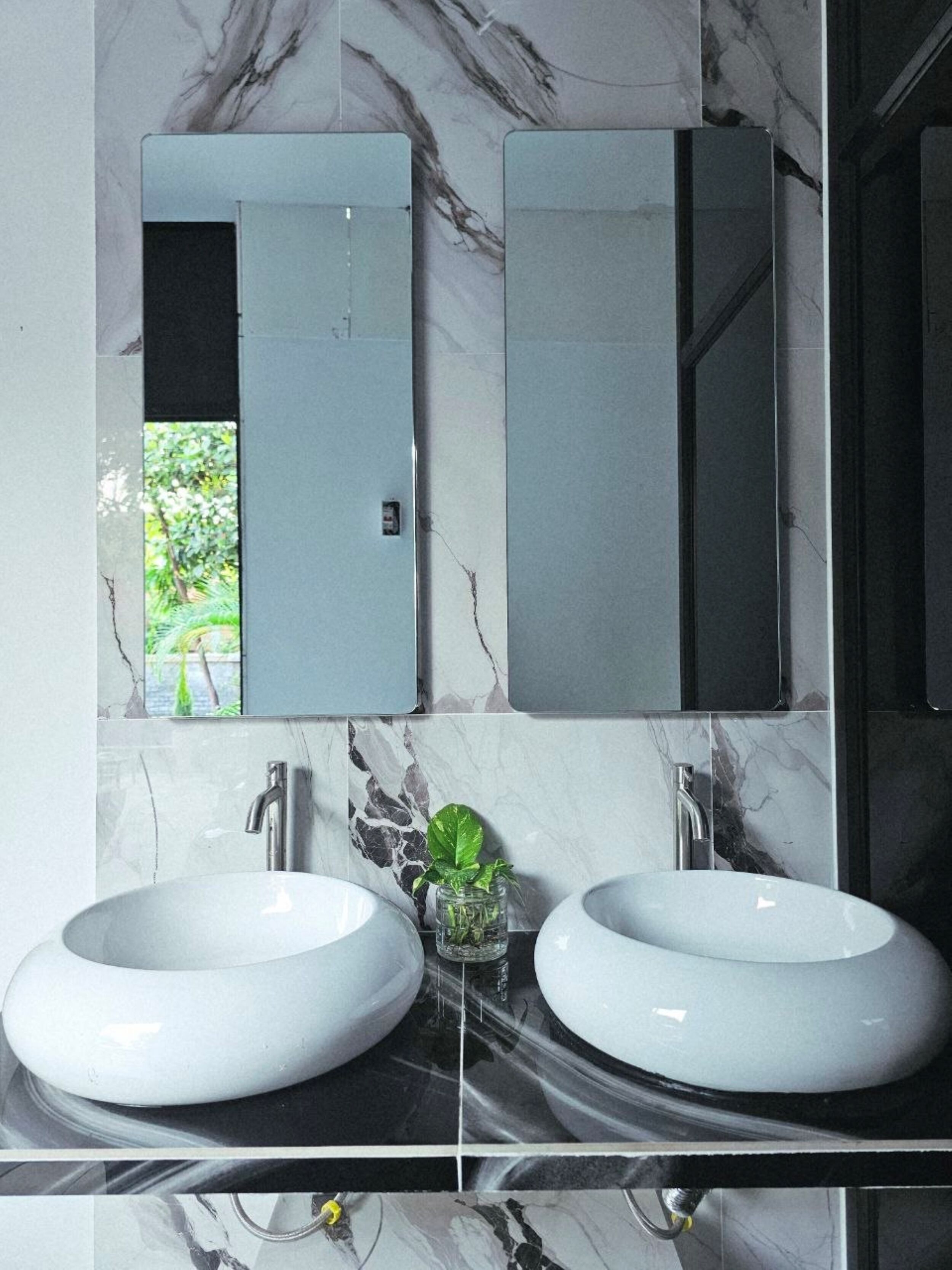 A bathroom with two white sinks, a mirror, and a small plant.