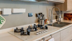 Cozinha moderna com pia de aço inoxidável, fogão a gás e armários de madeira.
