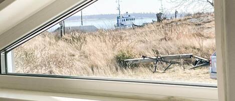 A view through a skylight window of a grassy area with a dock and a boat.